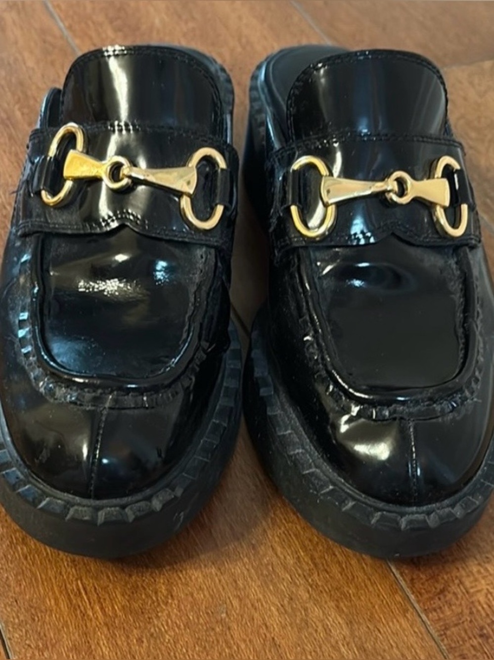 Jeffrey Campbell Black Patent Leather Mules with Gold Horsebit